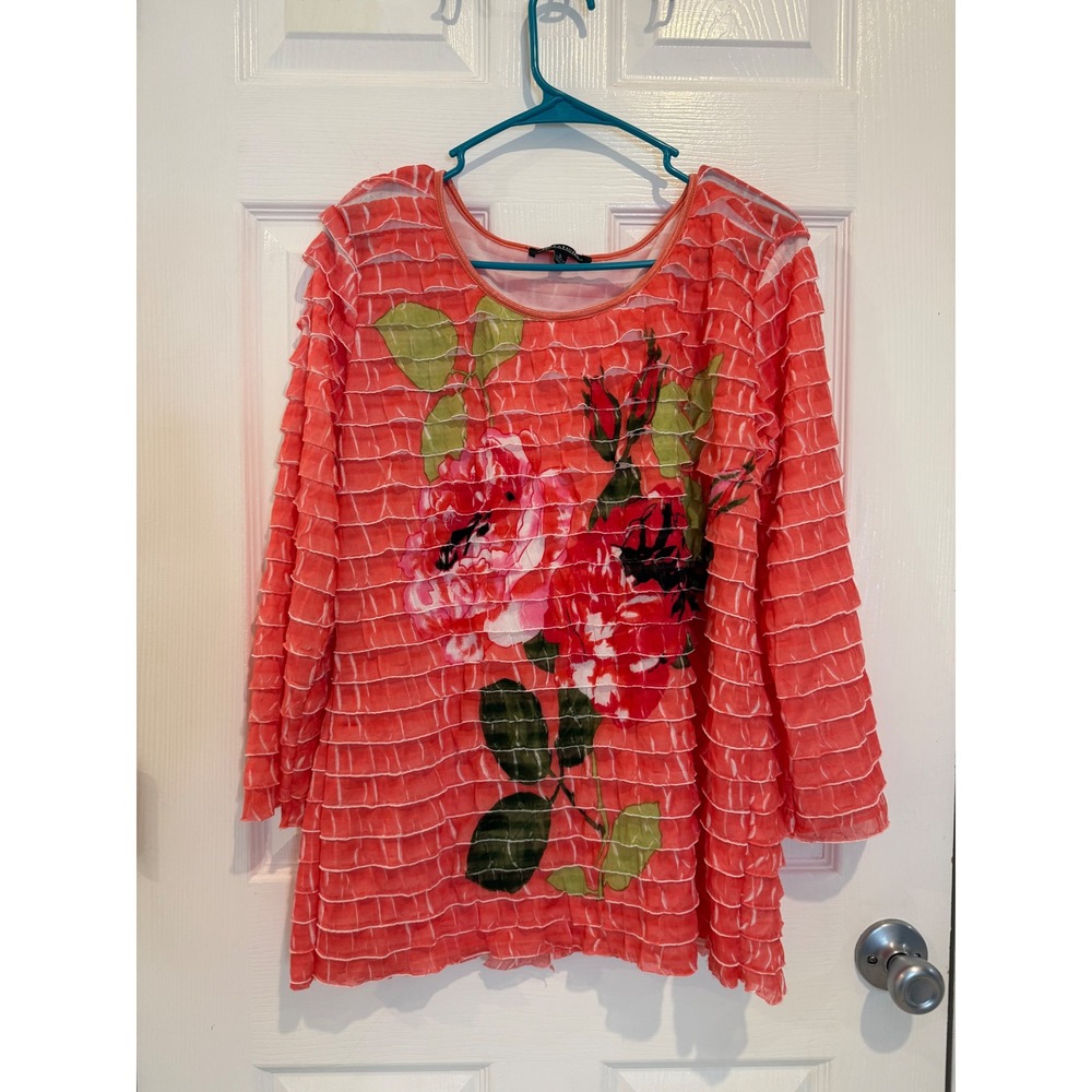 Notations Floral Ruffle Blouse‎ Coral Pink Rose Print Top Lightweight L